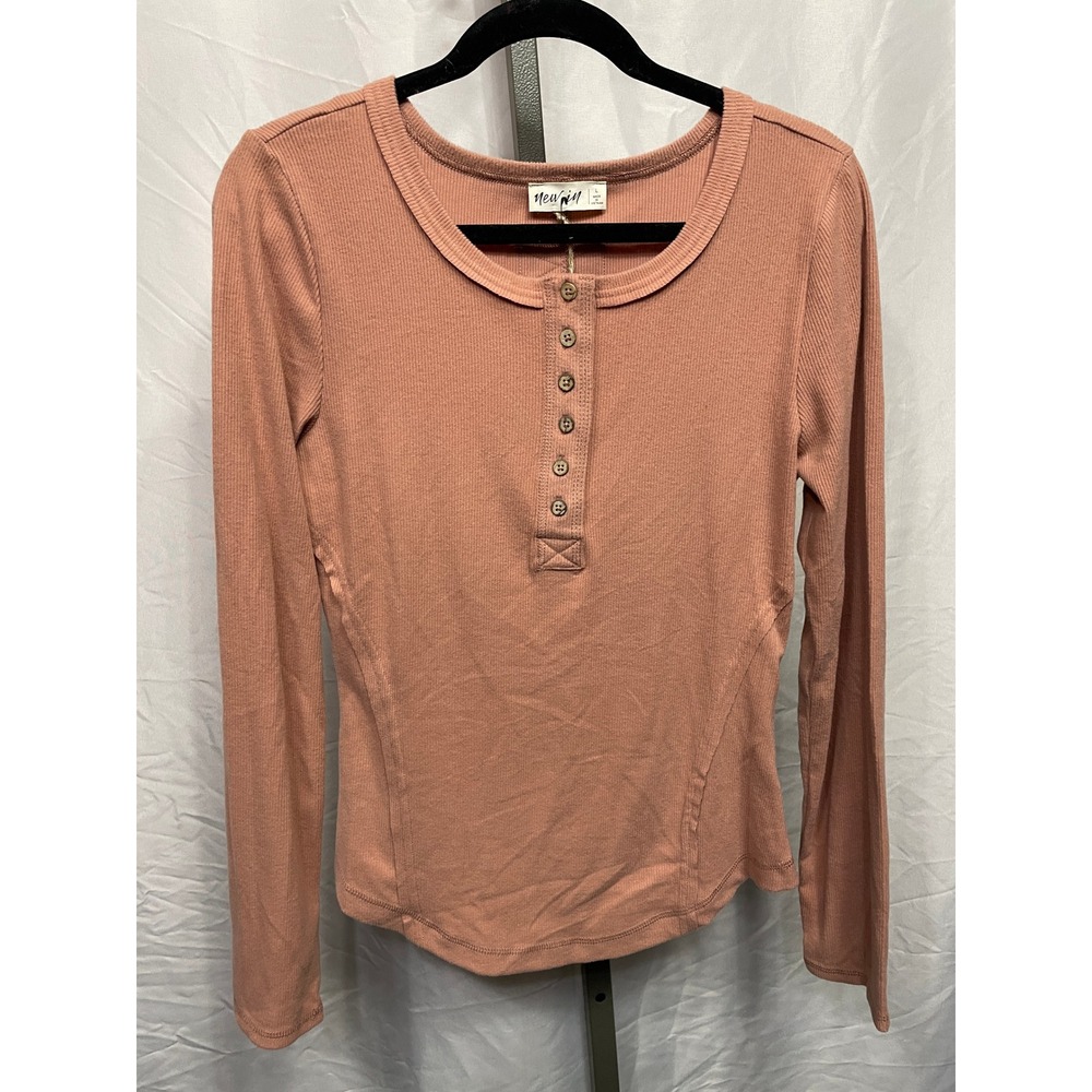 New in Textured Ribbed‎ Henley Long Sleeve Top Rose Pink Size L